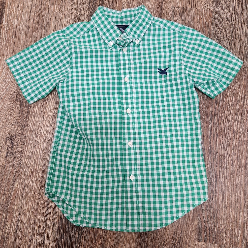 Boys American Living Green Checkered Button UP Size 5